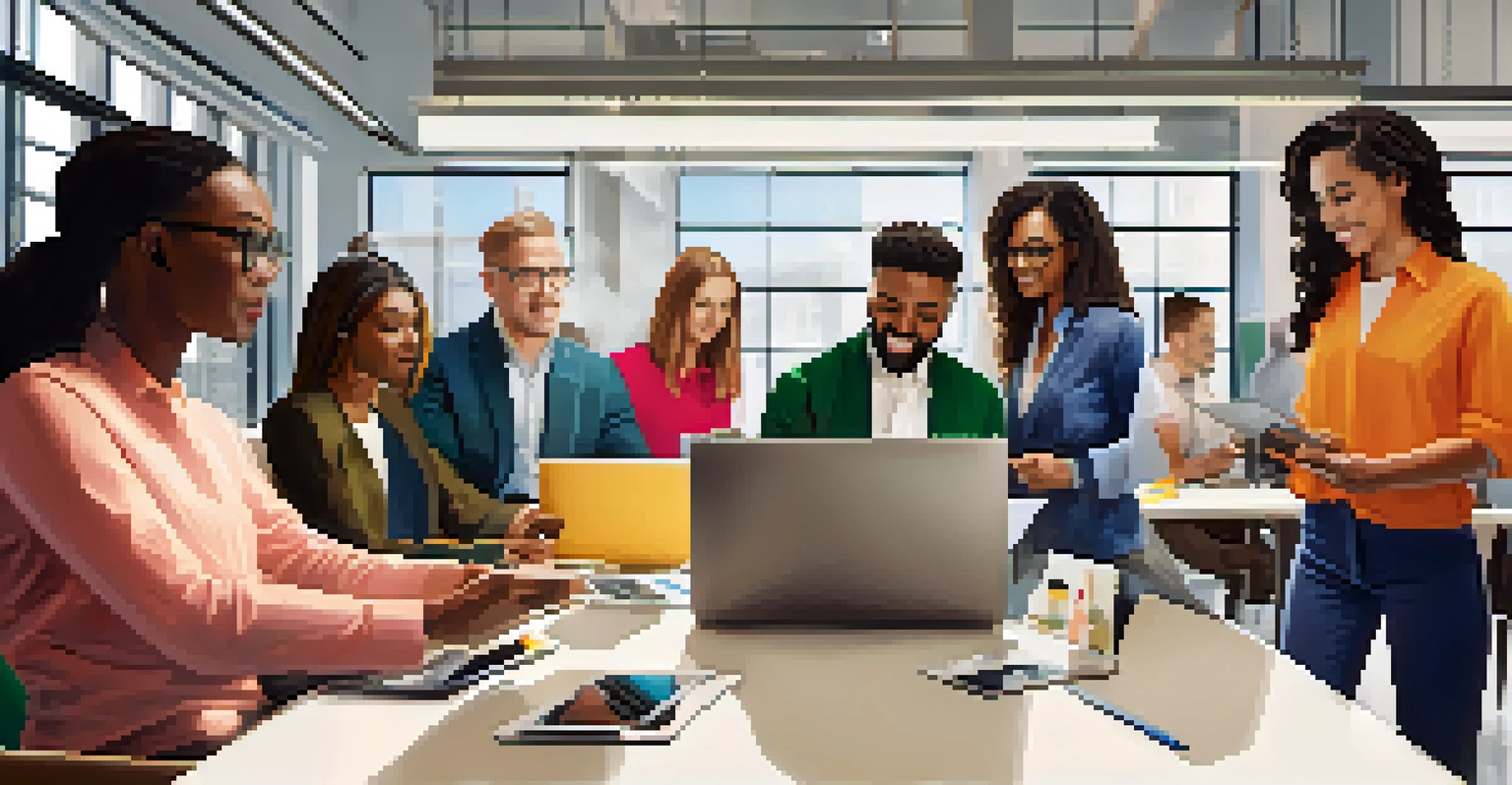 A group of diverse employees in a modern office engaged in collaborative microlearning with laptops and tablets, showcasing a vibrant and focused learning environment.
