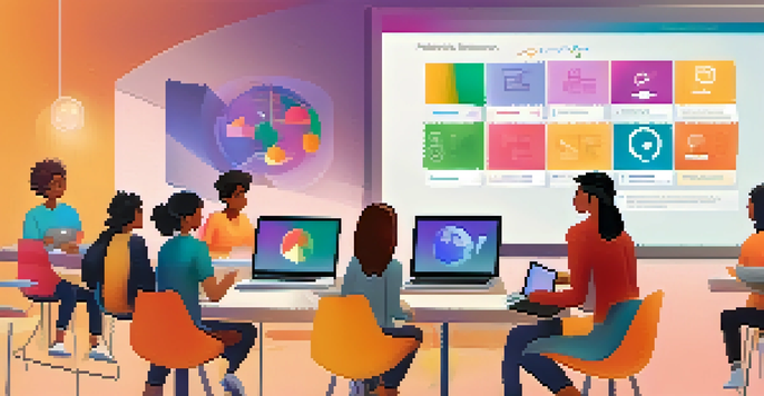 A virtual classroom with diverse students smiling and engaging in discussions, showcasing a welcoming online learning environment.