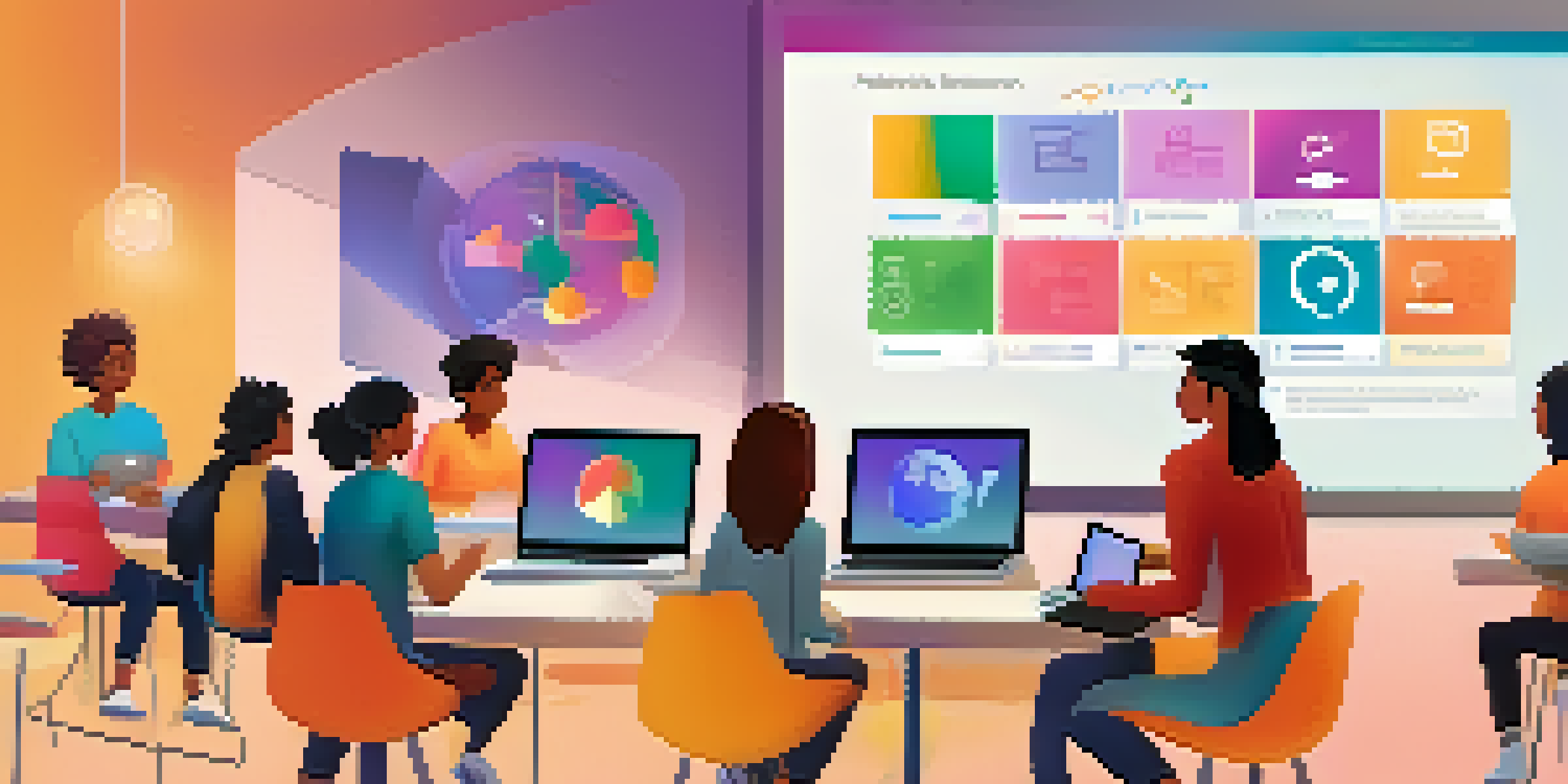 A virtual classroom with diverse students smiling and engaging in discussions, showcasing a welcoming online learning environment.