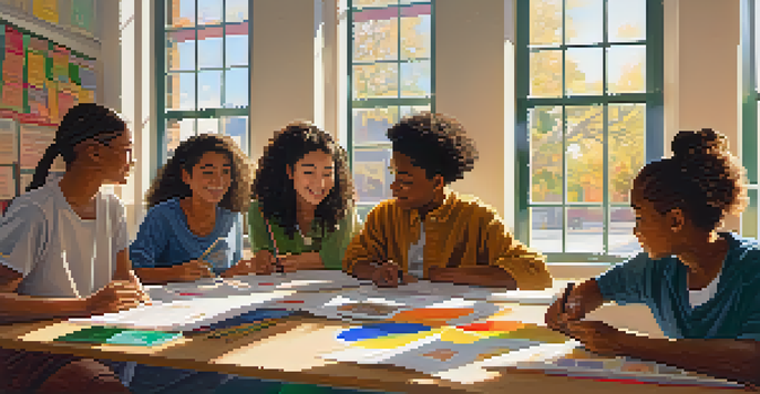 A diverse group of students working together on a project in a colorful classroom filled with cultural posters and natural light.