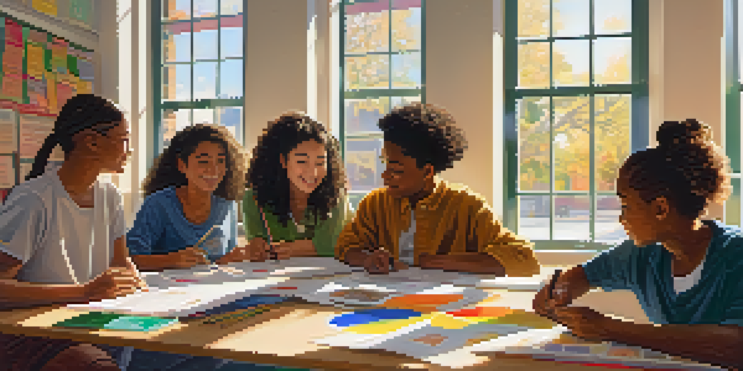 A diverse group of students working together on a project in a colorful classroom filled with cultural posters and natural light.