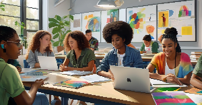 A diverse group of students collaborating on a project in a bright classroom, surrounded by laptops and notebooks, engaged in discussion.