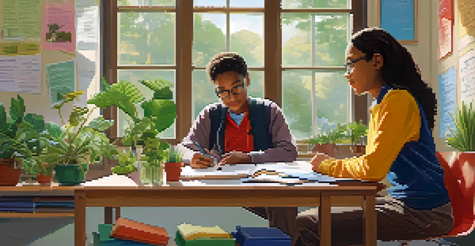 A mentor and educator in a bright classroom discussing educational strategies, with books and plants around them.
