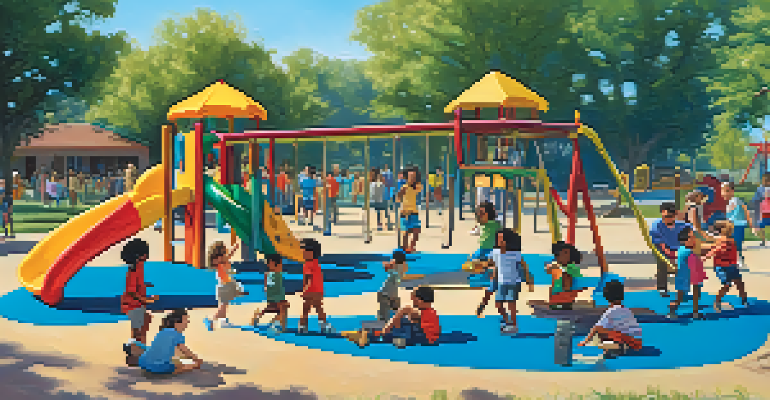Children of diverse backgrounds playing together in a vibrant playground, showcasing friendship and emotional support.