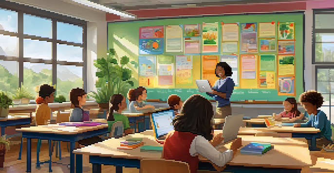 A teacher assisting students with personalized learning tools in a bright and colorful classroom filled with plants and educational materials.