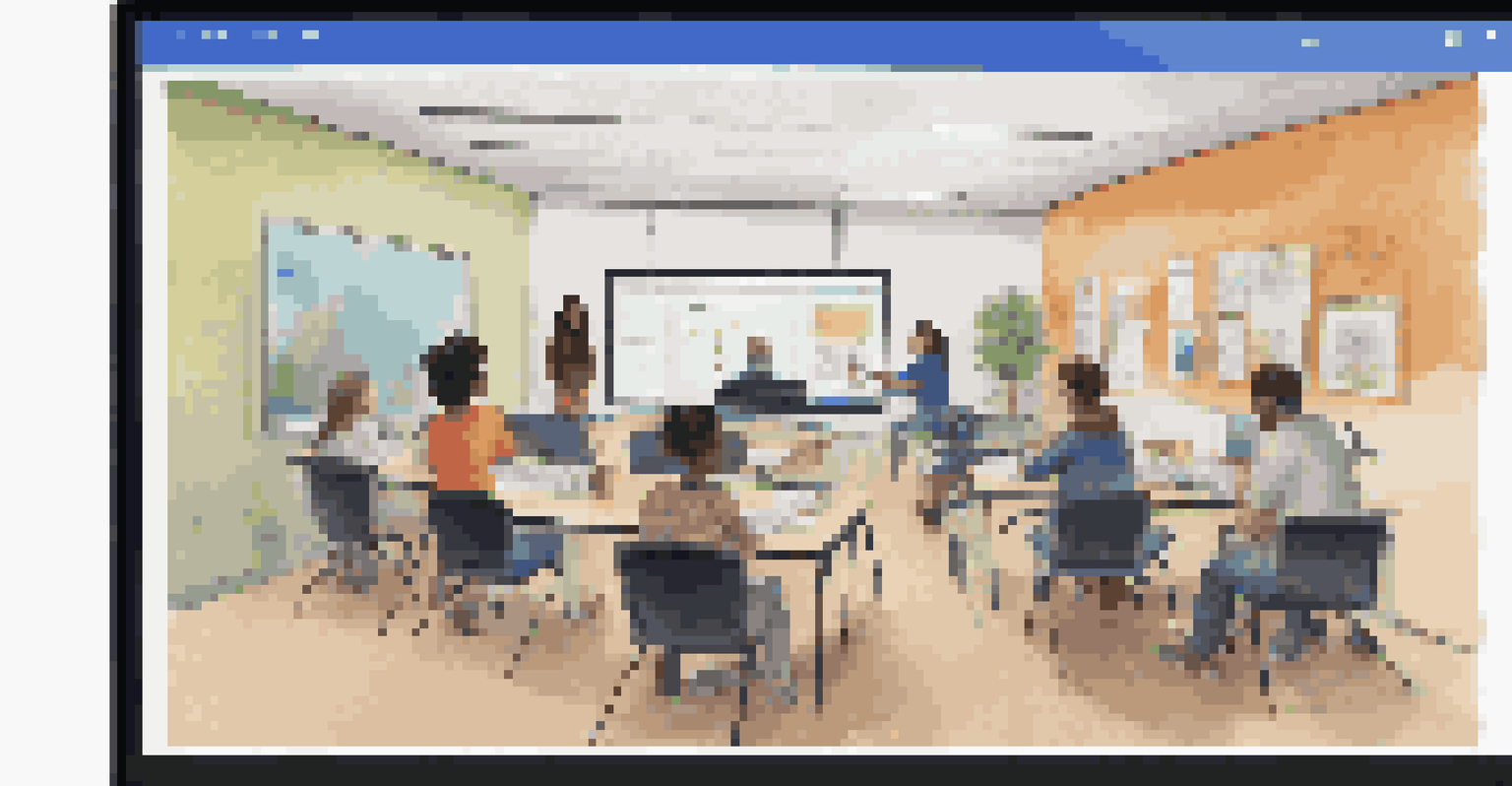 A computer screen displaying a virtual classroom setup with organized digital layout, featuring multimedia elements and students in breakout rooms engaged in discussions.