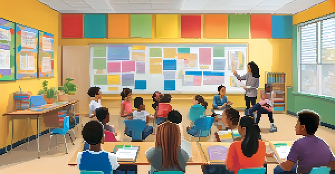 A vibrant classroom filled with students of different ethnicities and abilities working together in groups, promoting a sense of inclusion and collaboration.