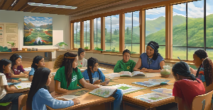 A diverse group of students in a bright classroom collaborating on a project, with Indigenous artwork and symbols visible. An elder shares stories at the front of the room.