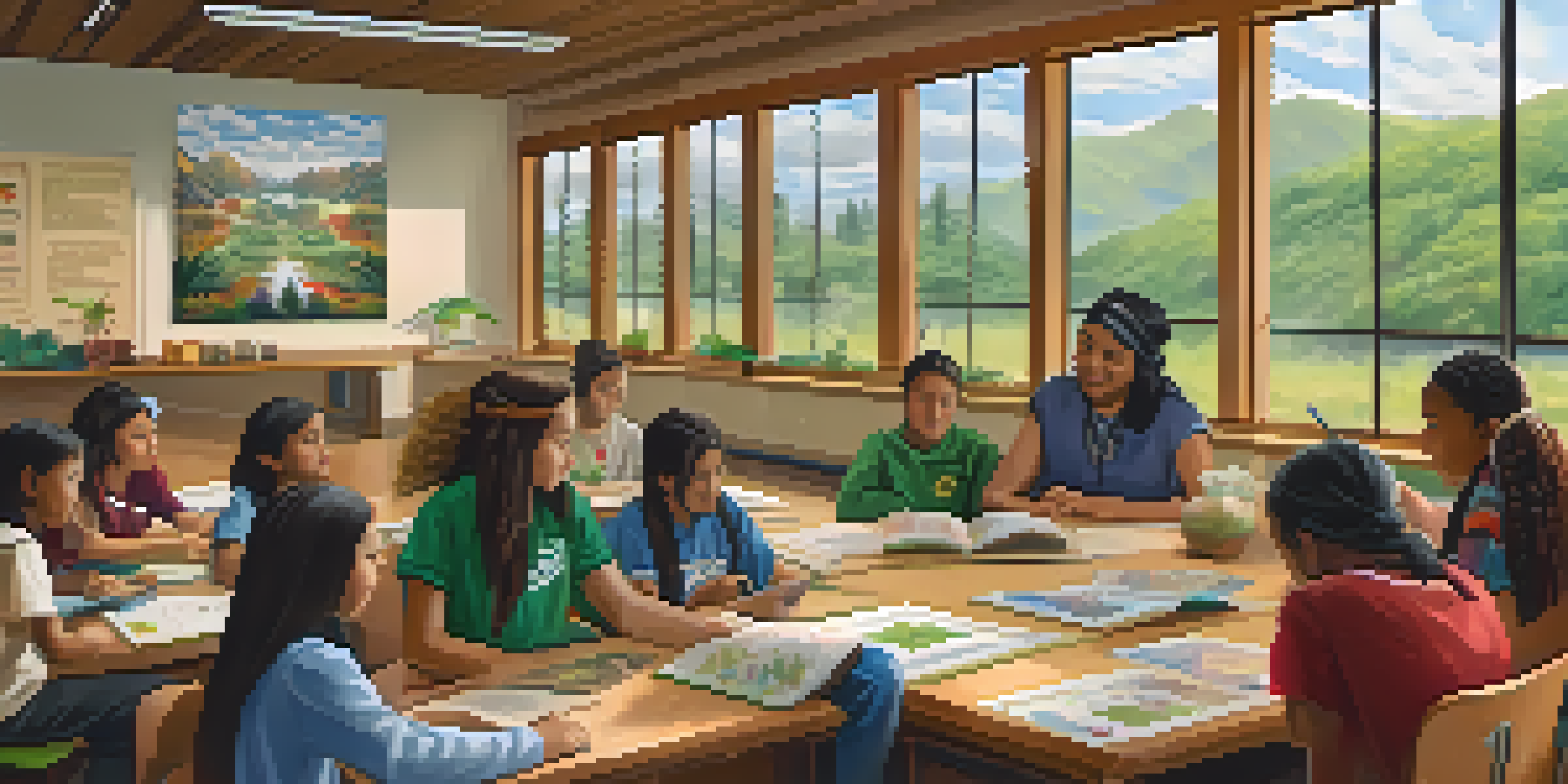 A diverse group of students in a bright classroom collaborating on a project, with Indigenous artwork and symbols visible. An elder shares stories at the front of the room.