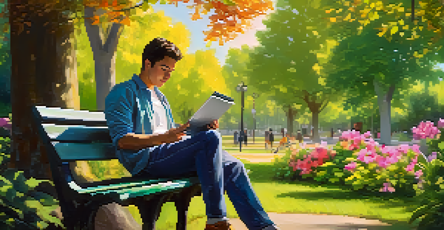 A person using a tablet for an online course while sitting on a park bench, surrounded by greenery and flowers, embodying outdoor learning.