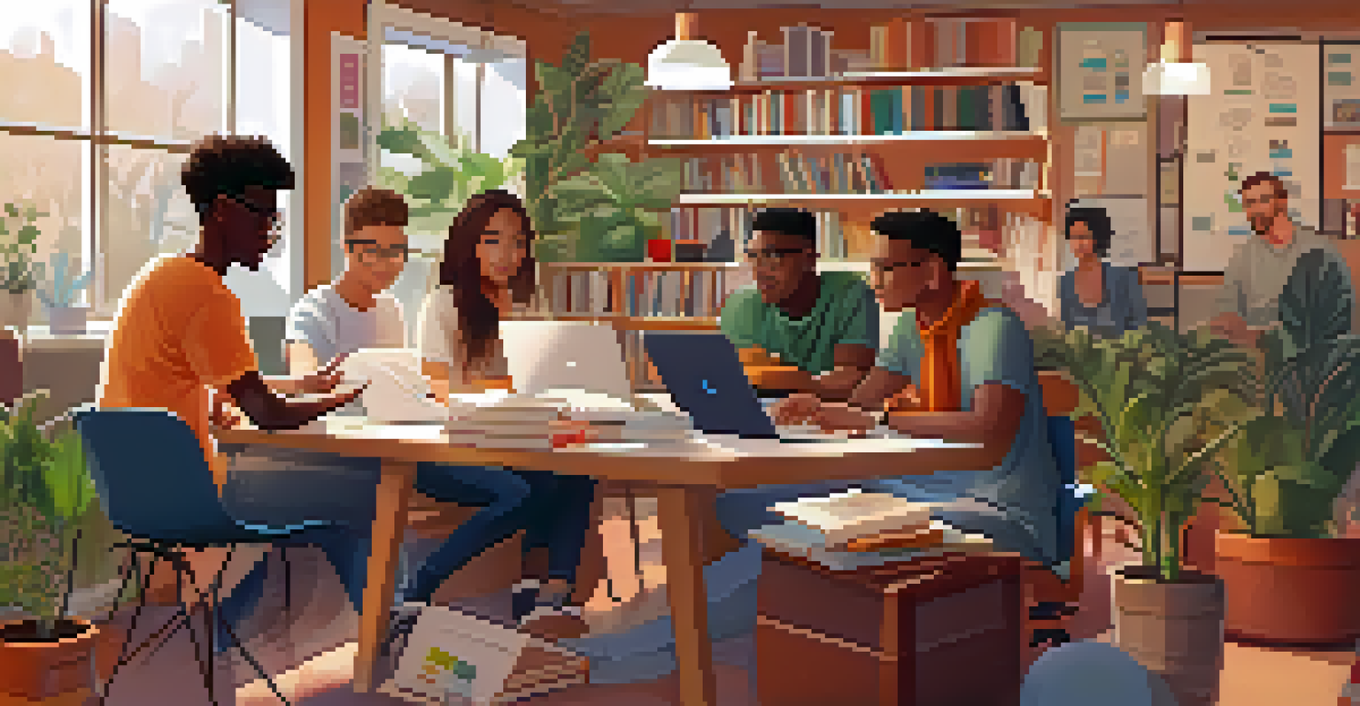 Students collaborating in a study area, surrounded by laptops and social media project ideas on a bulletin board.