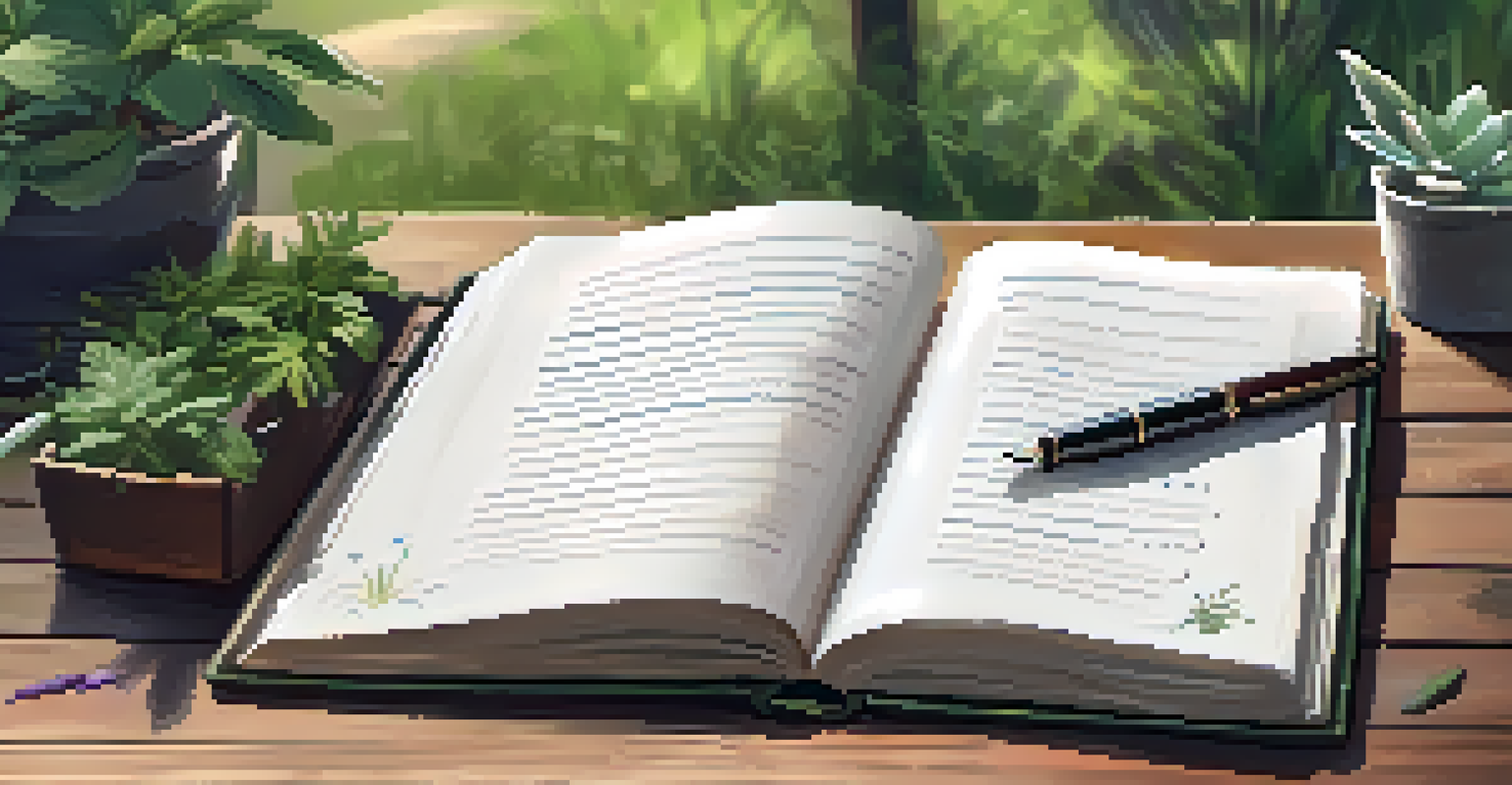 An open journal and a fountain pen on a wooden desk with a garden background.