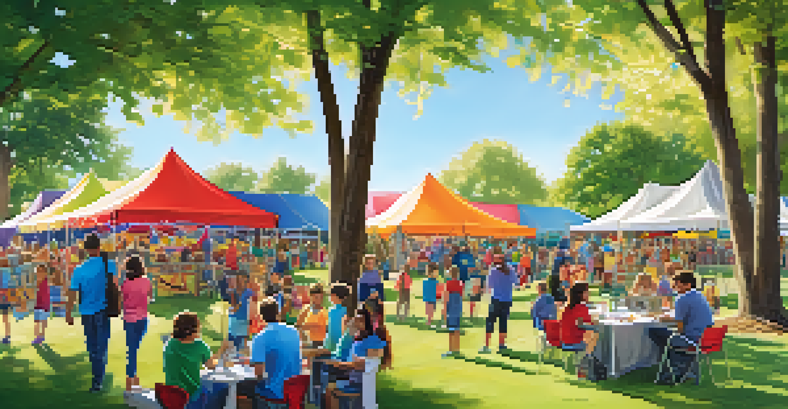 A lively outdoor community event with families and local businesses supporting education, featuring colorful tents and activities for children in a sunny park.