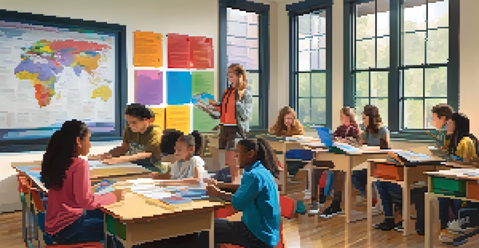 A lively classroom with diverse students working together on a project, surrounded by educational materials and natural light.