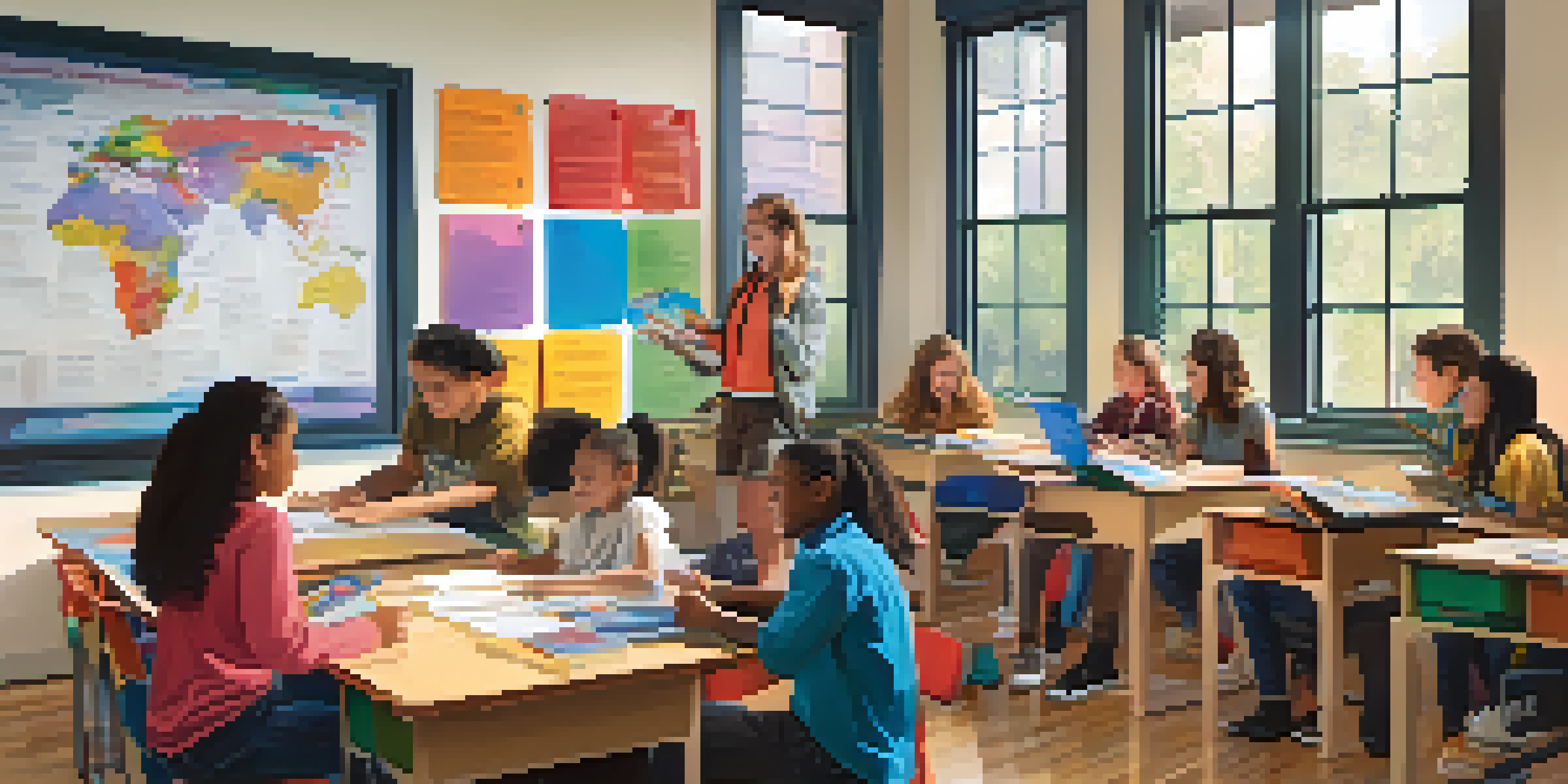 A lively classroom with diverse students working together on a project, surrounded by educational materials and natural light.