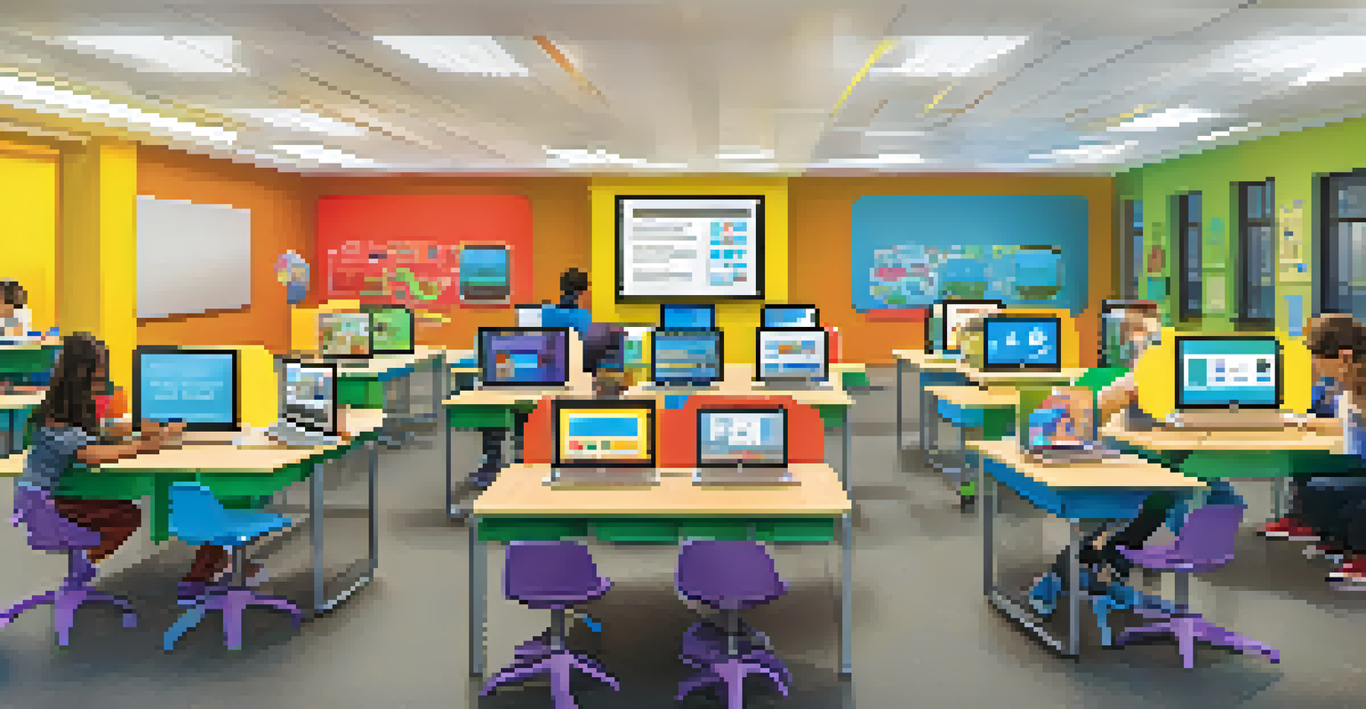 Students in a modern classroom using tablets and laptops for personalized learning, surrounded by bright colors and digital screens.