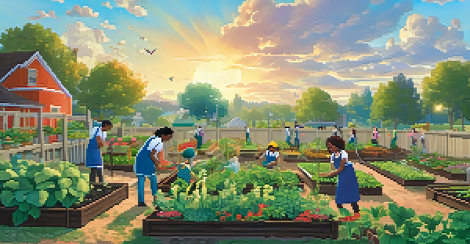 A diverse group of students planting seedlings in a sunny community garden, surrounded by colorful flowers and butterflies.