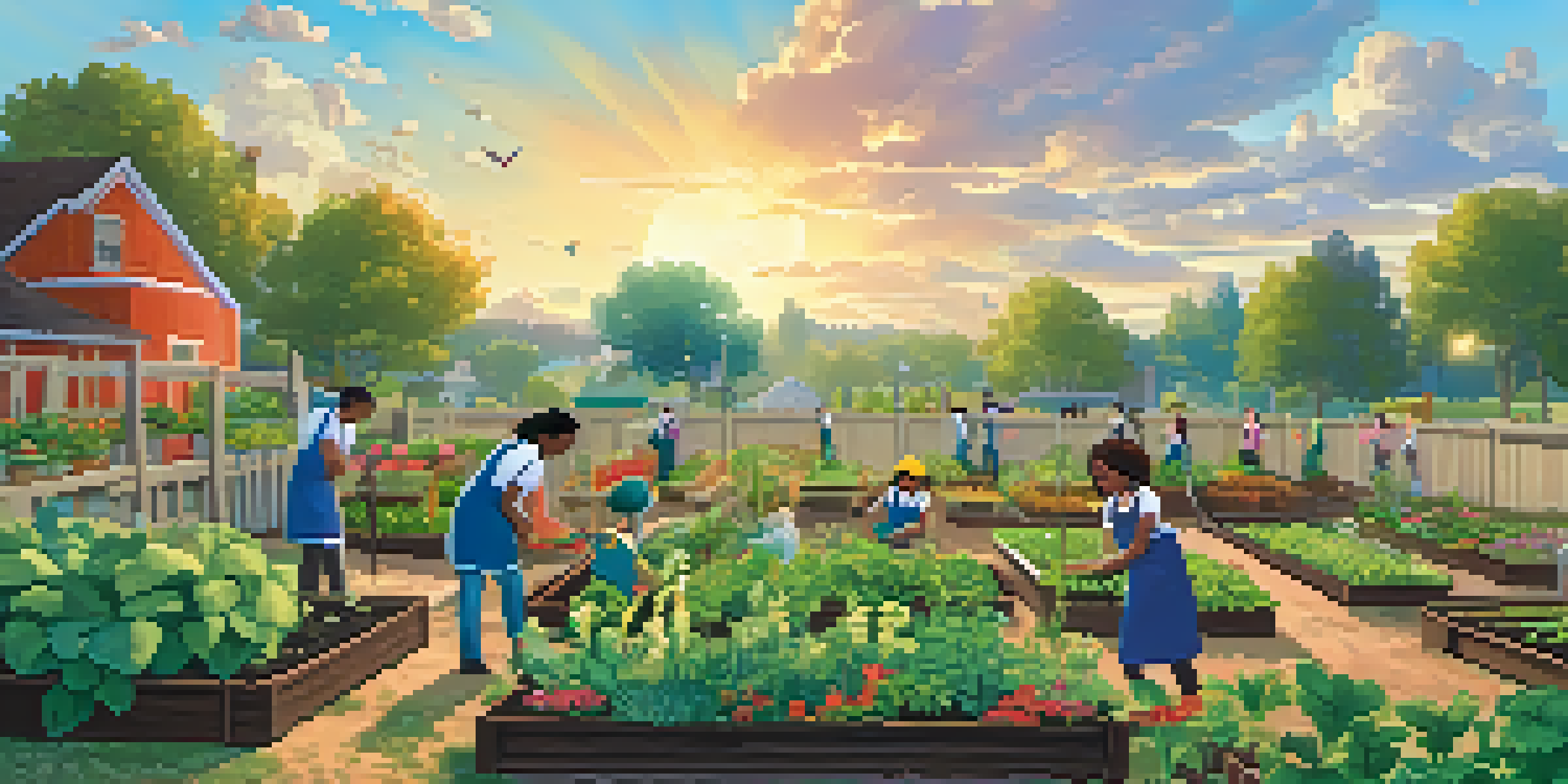A diverse group of students planting seedlings in a sunny community garden, surrounded by colorful flowers and butterflies.