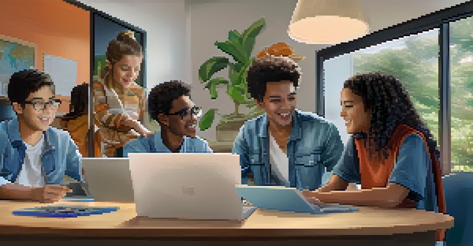 Students communicating and collaborating through online platforms in a digital learning environment, working together from home.