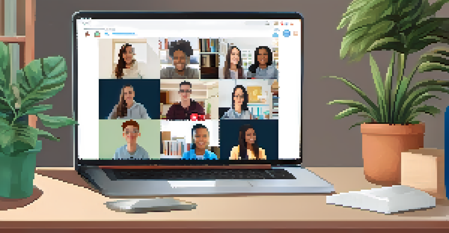 A laptop screen showing a virtual classroom with students engaged in a video call, set in a cozy home study area.