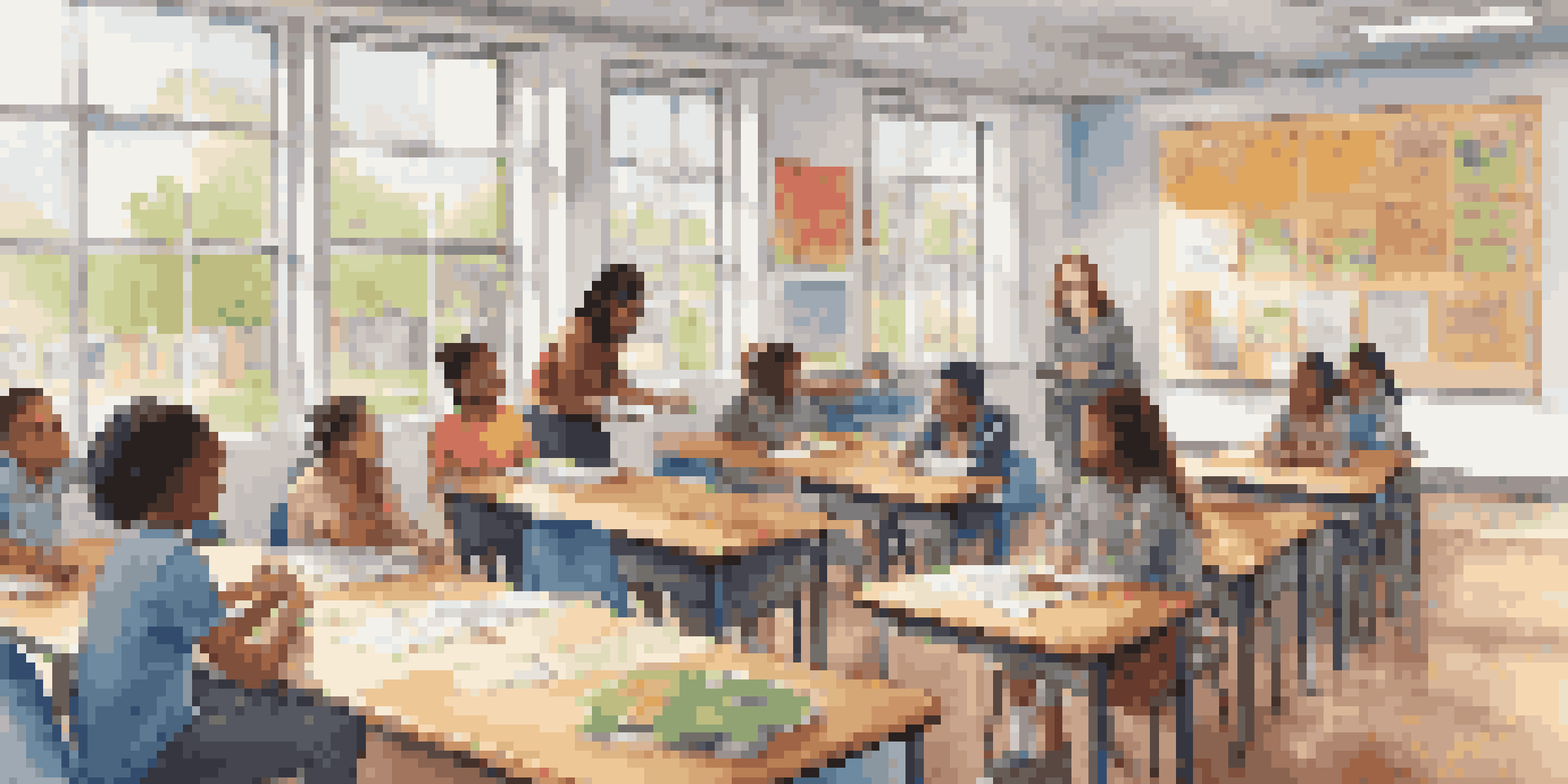 A vibrant classroom filled with diverse students actively participating in personalized learning, with a teacher guiding the discussion.