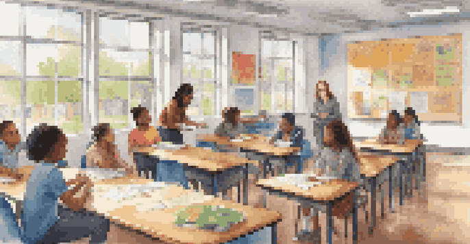 A vibrant classroom filled with diverse students actively participating in personalized learning, with a teacher guiding the discussion.