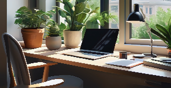 A modern workspace with a laptop, books, coffee cup, and indoor plants, illuminated by soft sunlight from a window.