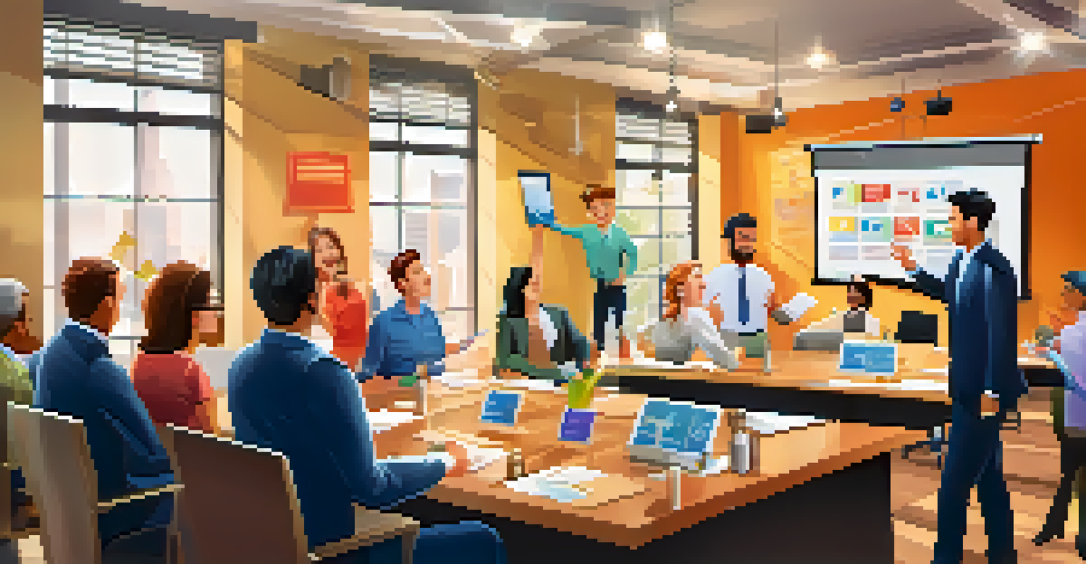 A lively office meeting celebrating learning achievements, with employees applauding and certificates on the table.