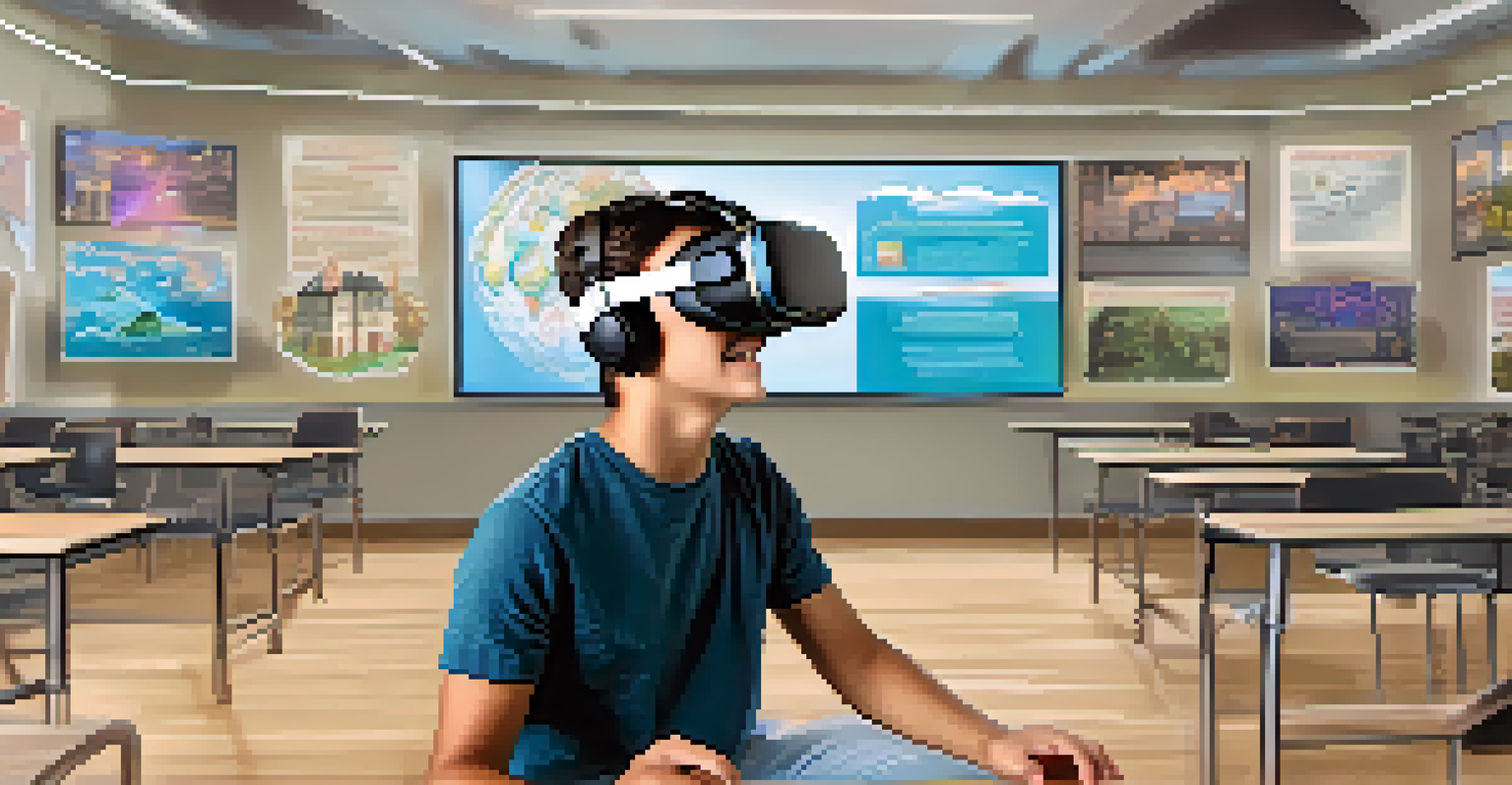 A student wearing virtual reality goggles, experiencing an interactive learning environment with digital elements around.