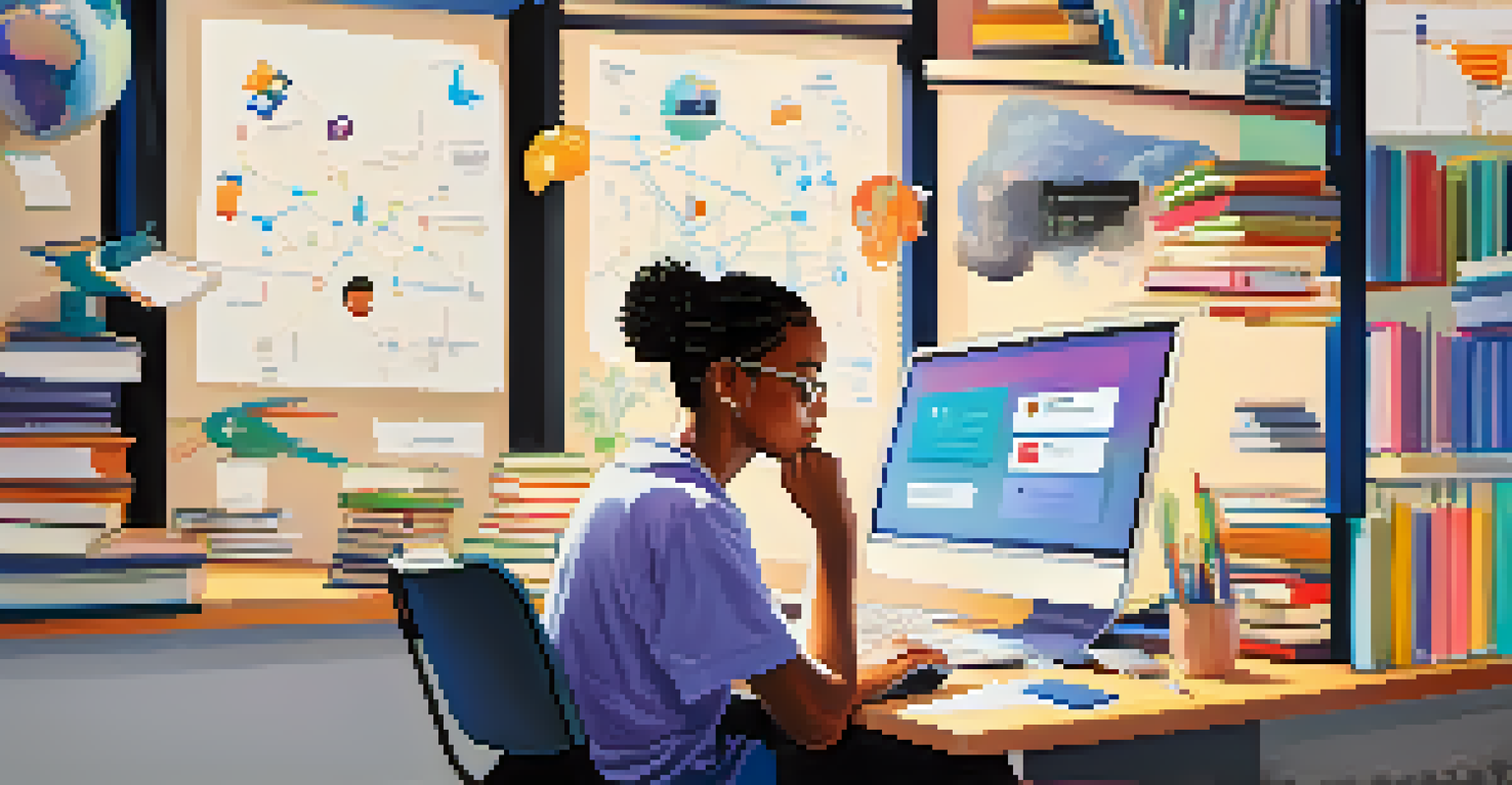 A student collaborating online via social media, surrounded by study materials, with vibrant visuals representing teamwork.