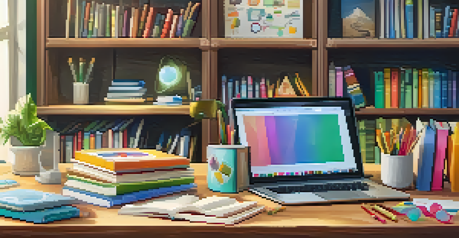 Colorful icons representing Creative Commons licenses on a wooden desk with books and a laptop, bathed in soft natural light.