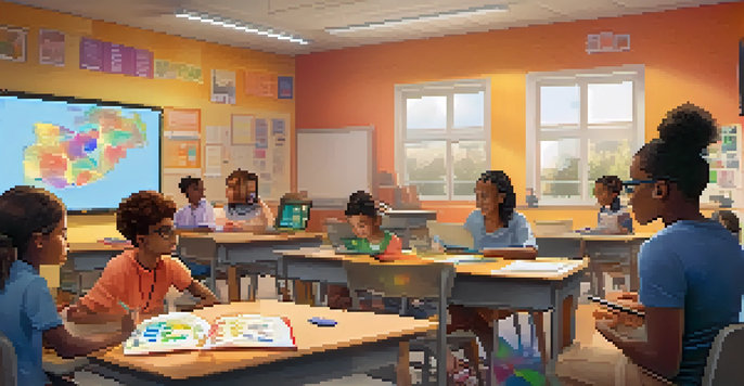 A diverse group of students in a cozy classroom, interacting with adaptive learning technologies while a teacher guides them.
