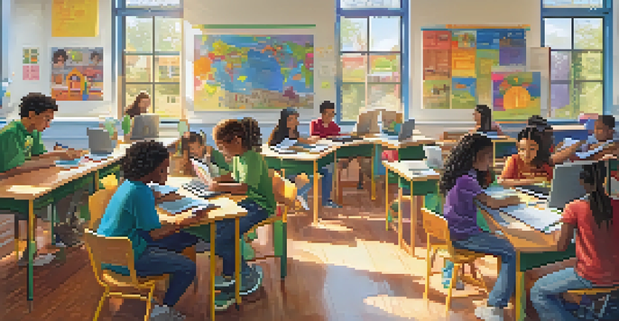 A lively classroom with students of various backgrounds working collaboratively and using technology for personalized learning.