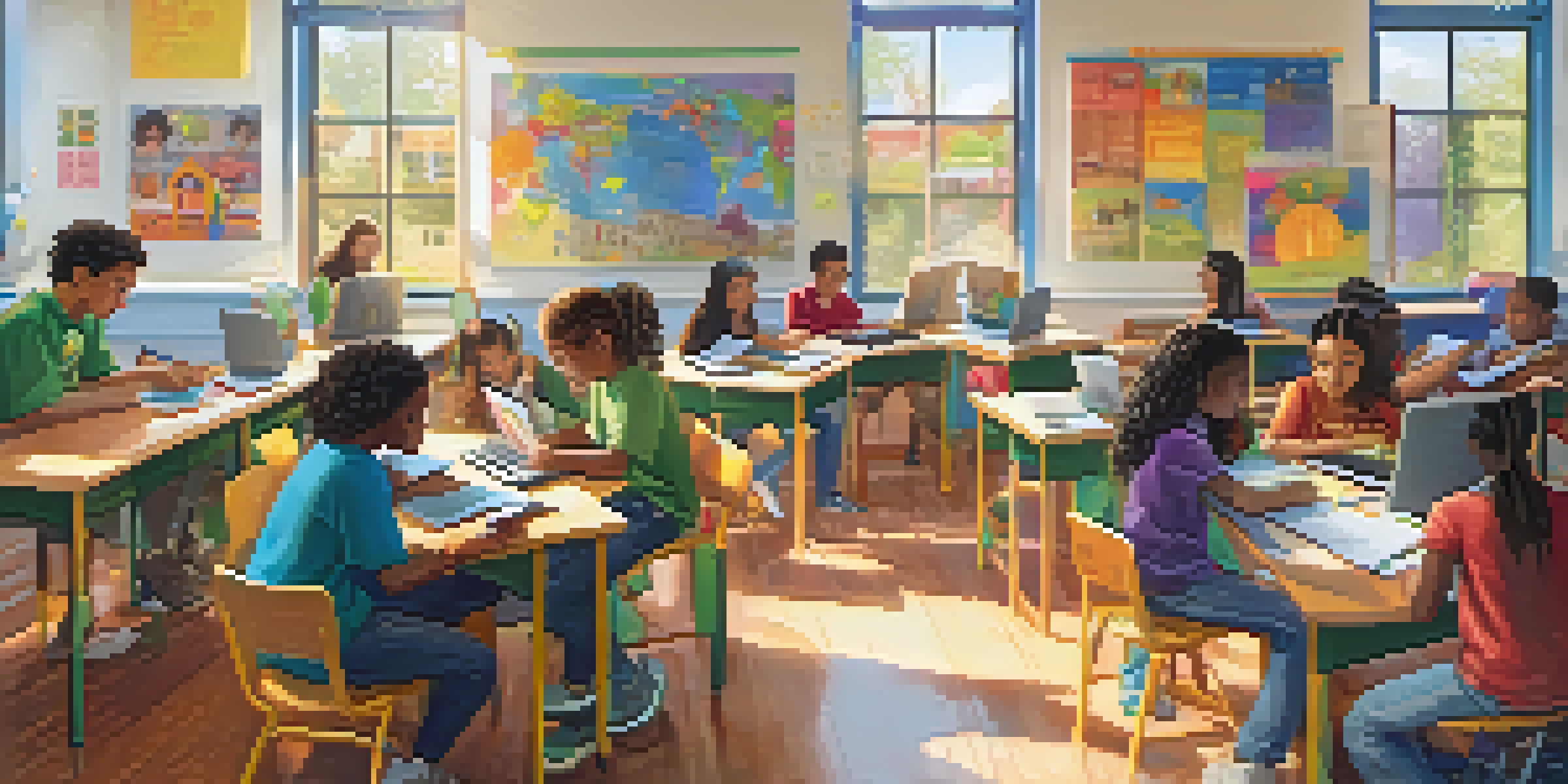 A lively classroom with students of various backgrounds working collaboratively and using technology for personalized learning.