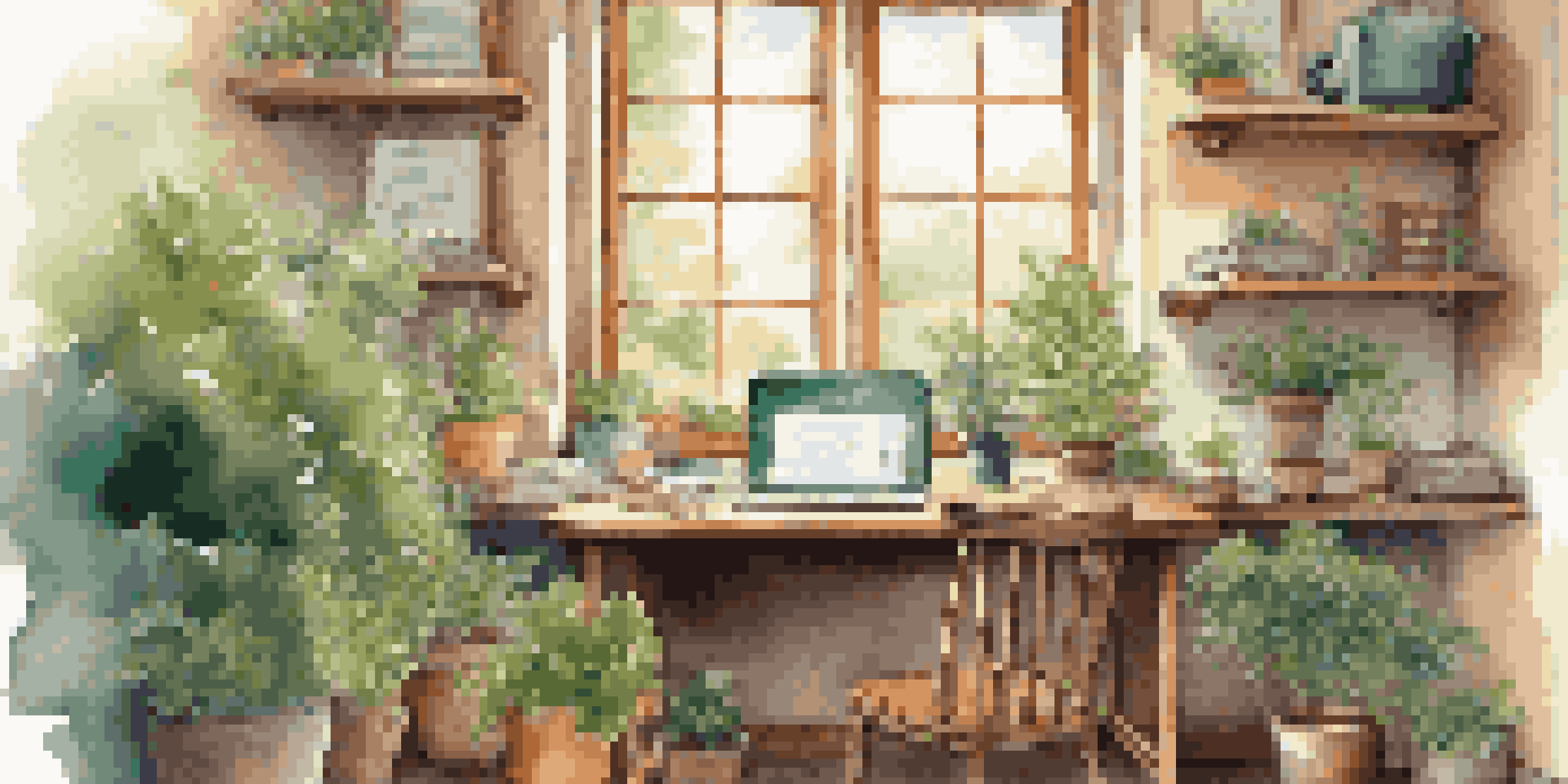 A cozy study area with a wooden desk, laptop, plants, and sunlight streaming through a window, showcasing a chalkboard filled with colorful notes about learning.