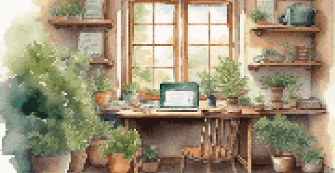 A cozy study area with a wooden desk, laptop, plants, and sunlight streaming through a window, showcasing a chalkboard filled with colorful notes about learning.