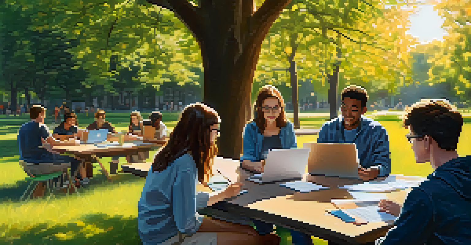 Students working together on AI ethics project outdoors in a sunny park.