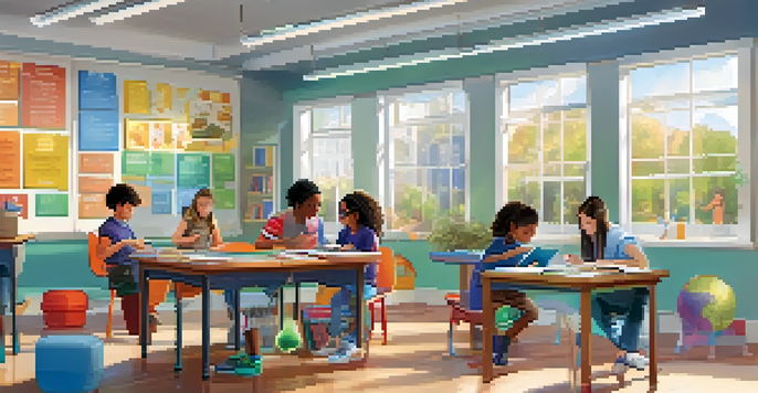 A vibrant classroom with students engaged in various personalized learning activities including a science experiment, reading, and using a tablet.