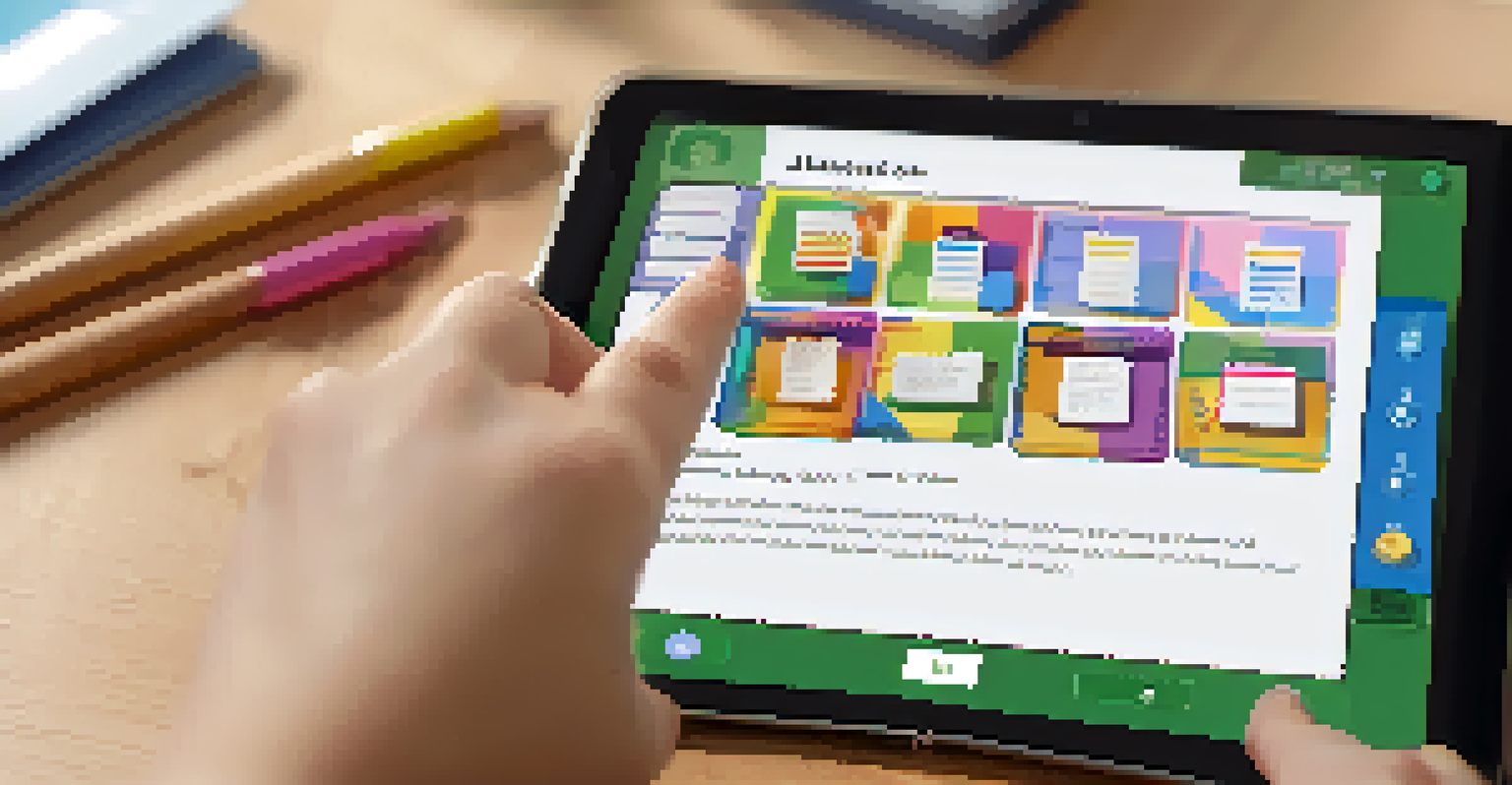 A close-up view of a student's hands on a tablet completing an interactive quiz, with a blurred classroom background.