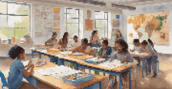 A diverse group of students working together in a colorful classroom, engaged in a collaborative project with educational materials around them.