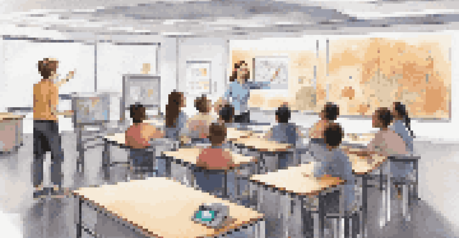A modern classroom where a teacher engages students with digital learning tools and gamified modules.