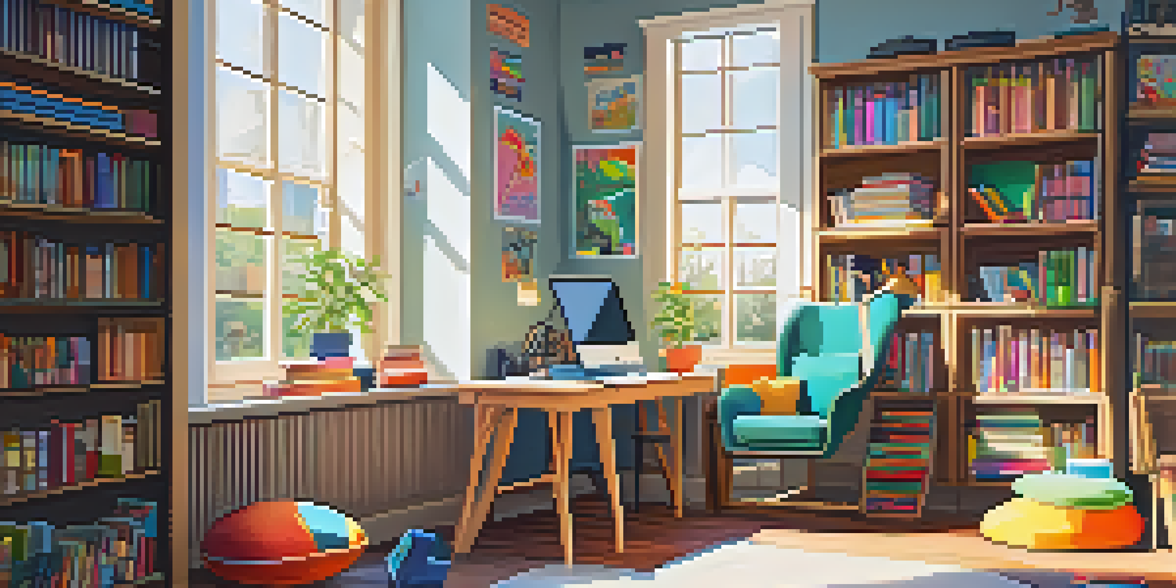 A bright and inviting learning space with a cozy chair and a tidy desk, decorated with educational posters and filled books.