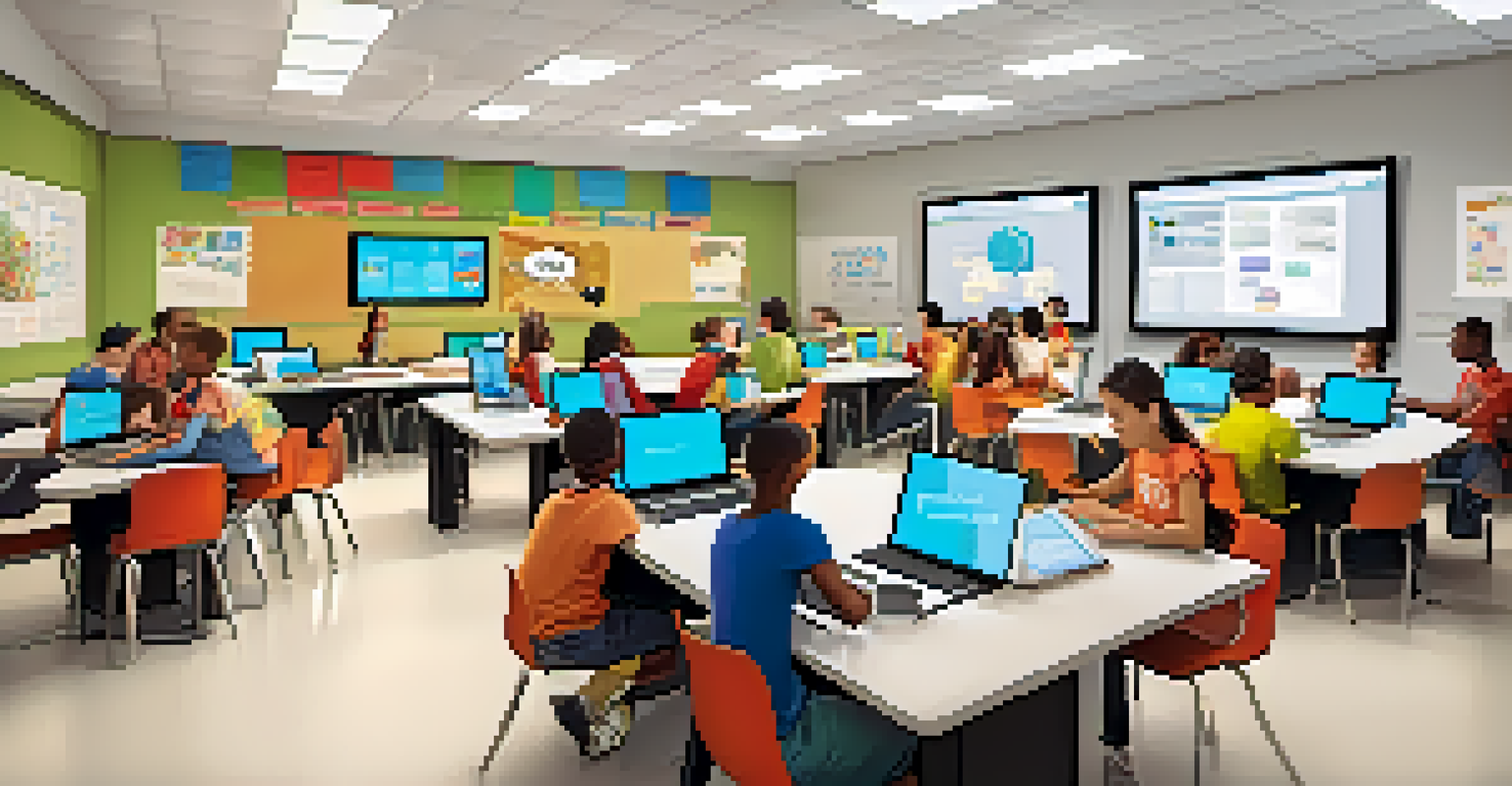 A modern classroom filled with diverse learners using digital devices, collaborating on projects, and surrounded by educational posters.