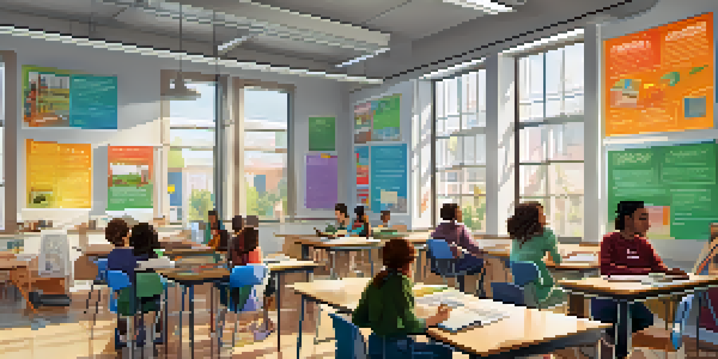 A diverse group of students working together in a bright classroom, engaged in discussion and using laptops.