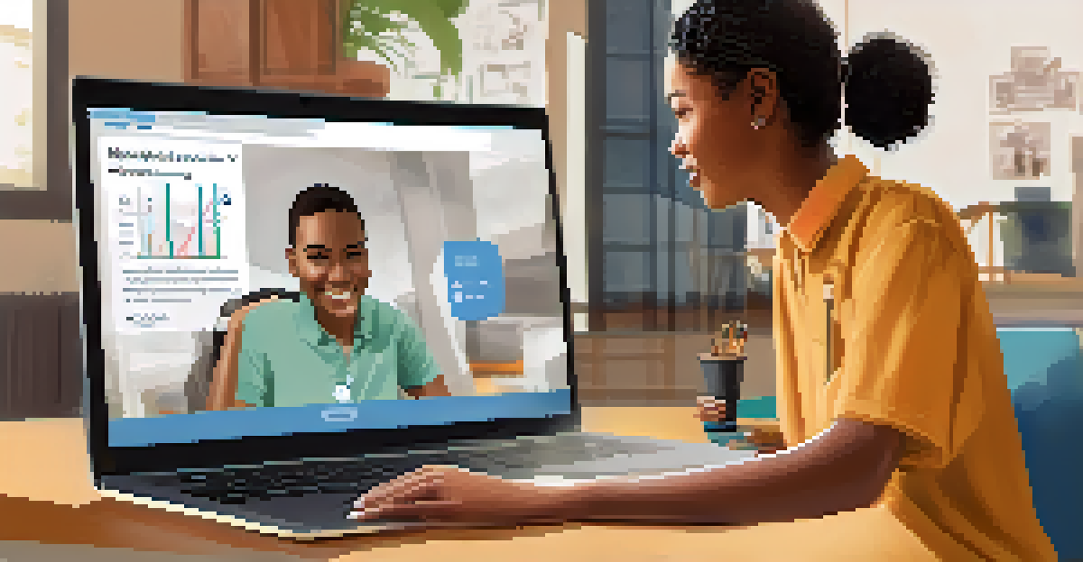 A mentor guiding a student through a laptop, with visual connections showing support in an online learning environment.