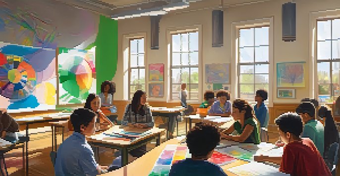A diverse group of students collaborating in a bright classroom, surrounded by art supplies and sharing ideas.