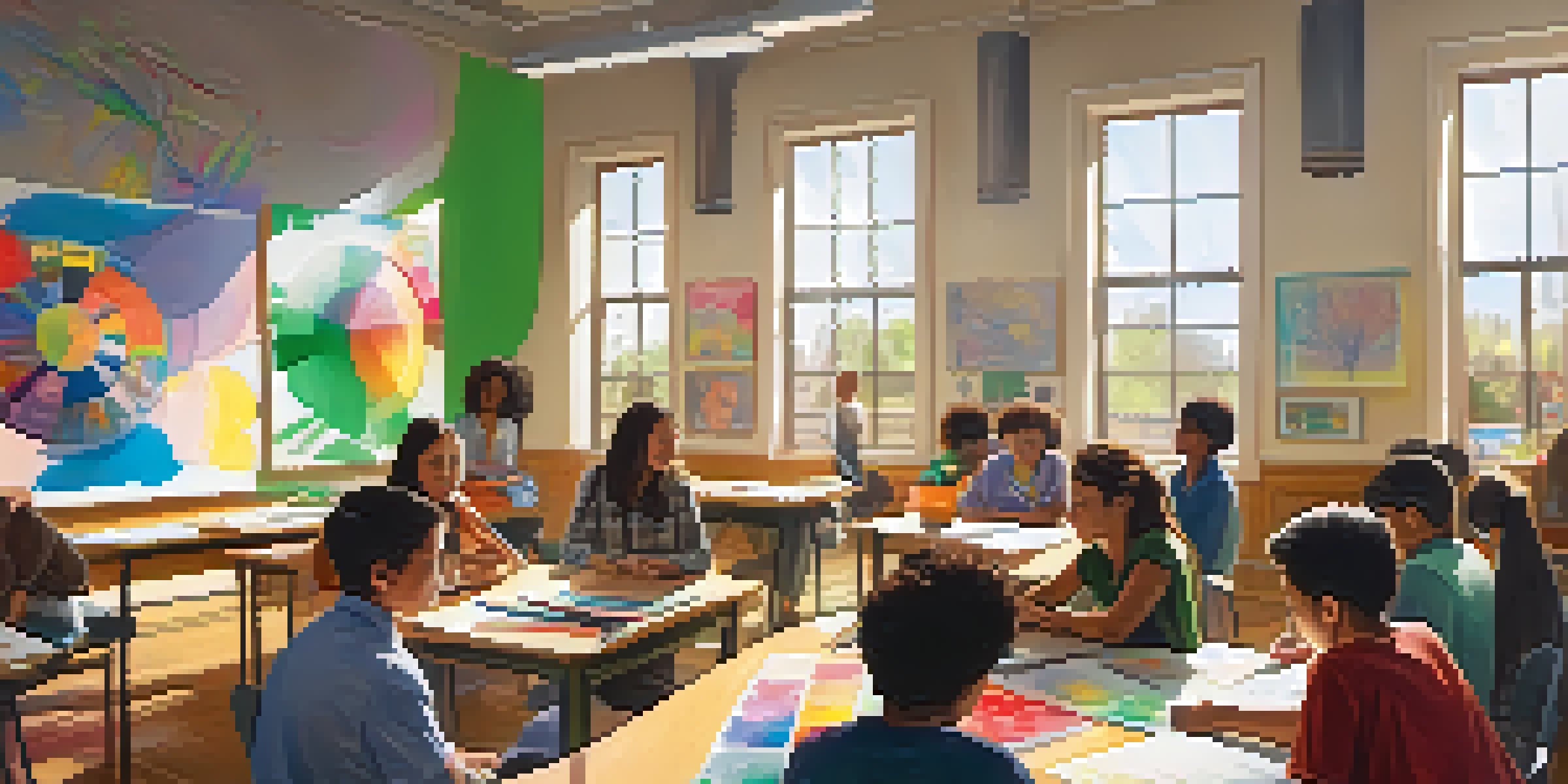 A diverse group of students collaborating in a bright classroom, surrounded by art supplies and sharing ideas.