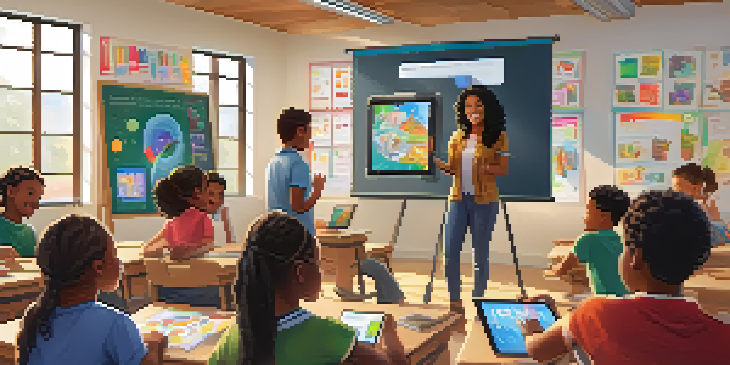 A lively classroom with diverse students using tablets and engaging in learning activities, with a teacher guiding them.