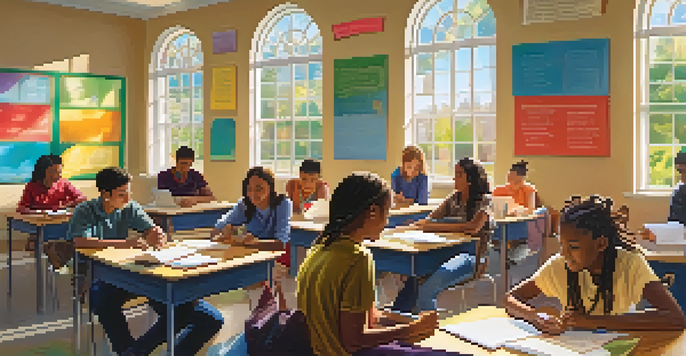 A lively classroom filled with diverse students engaged in a group discussion, with sunlight pouring in through the windows.