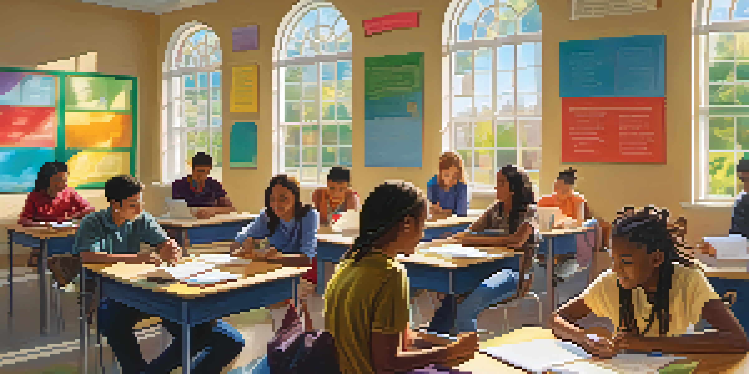 A lively classroom filled with diverse students engaged in a group discussion, with sunlight pouring in through the windows.